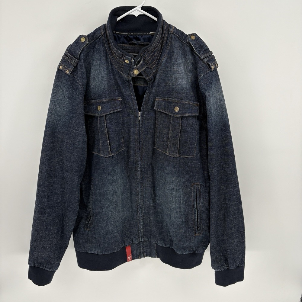 LRG Denim Bomber Jacket Mens 2XL Dark Wash Full Zip Y2K Streetwear Moto‎